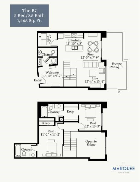 Floor plan for 2 beds, 2.5 baths, 1468 sqft