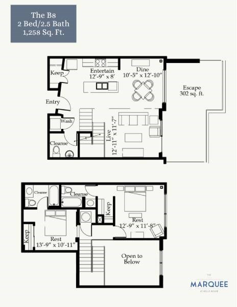 Floor plan for 2 beds, 2.5 baths, 1258 sqft