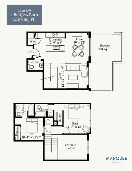 Floor plan for 2 beds, 2.5 baths