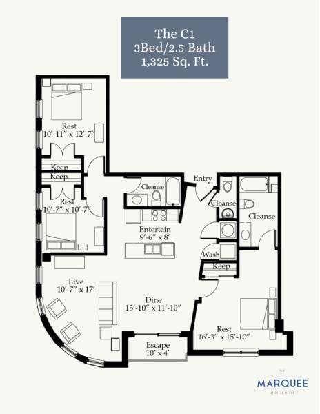 Floor plan for 3 beds, 2.5 baths, 1325 sqft