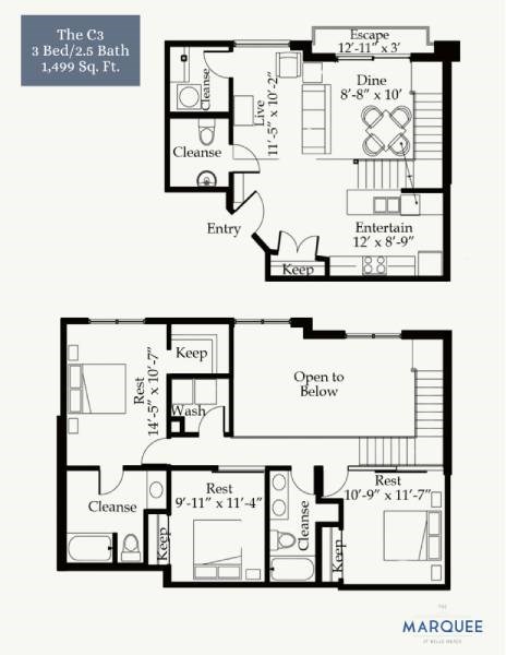 Floor plan for 3 beds, 2.5 baths, 1499 sqft