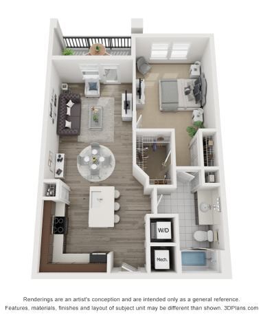 Floor plan for 1 bed, 1 bath, 791 sqft