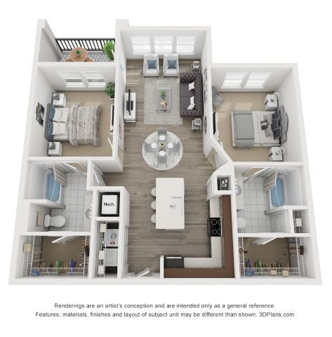 Floor plan for 2 beds, 2 baths, 1026 sqft