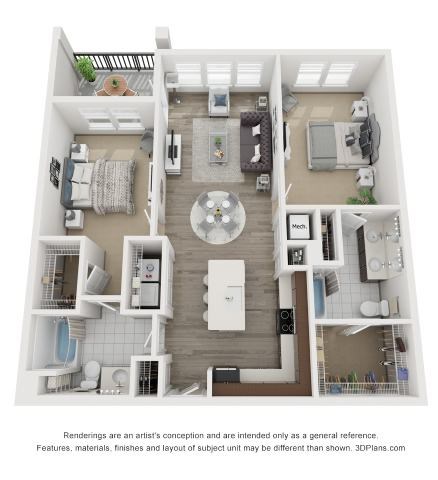 Floor plan for 2 beds, 2 baths, 1136 sqft