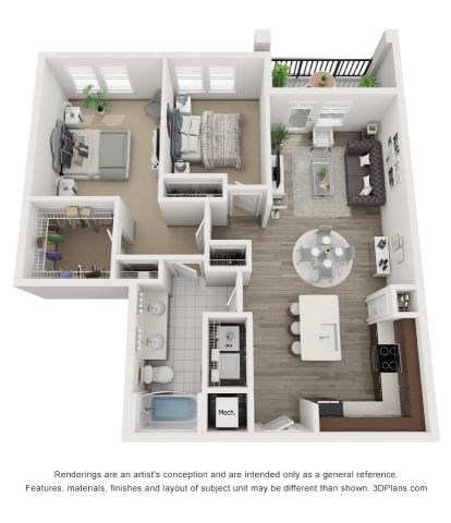 Floor plan for 2 beds, 1 bath, 1002 sqft