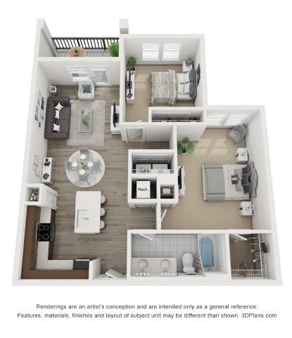 Floor plan for 2 beds, 1 bath, 973 sqft