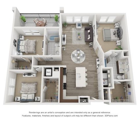 Floor plan for 3 beds, 2 baths, 1395 sqft
