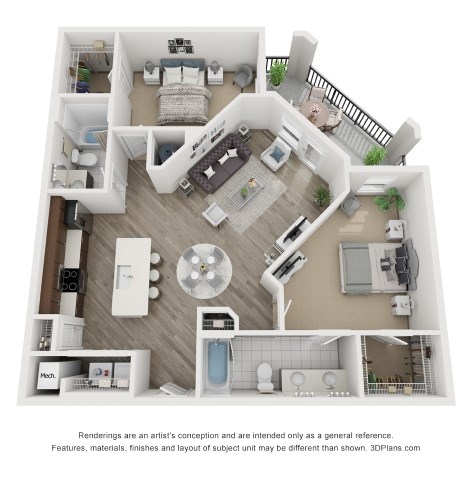 Floor plan for 2 beds, 2 baths, 1163 sqft