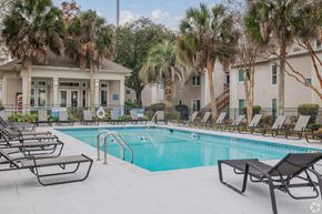 Charleston apartment for rent - A pool surrounded by lounge chairs and palm trees.