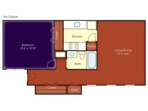 Floor plan for 1 bed, 1 bath, 650 sqft