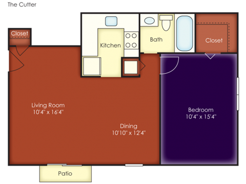 Floor plan for 1 bed, 1 bath, 670 sqft