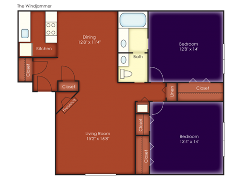 Floor plan for 2 beds, 1 bath, 1037 sqft