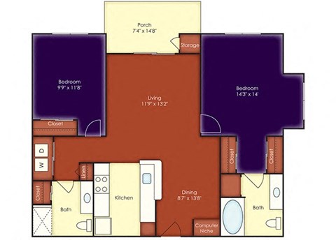 Floor plan for 2 beds, 2 baths, 1100 sqft