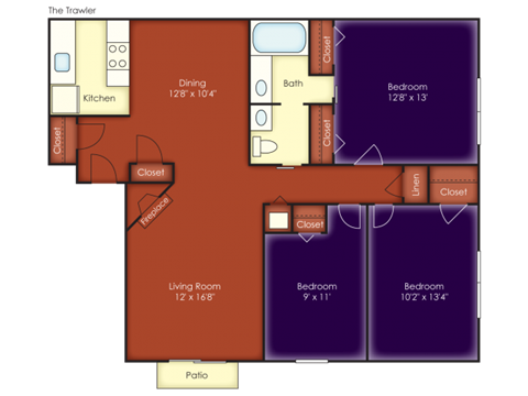 Floor plan for 3 beds, 1 bath, 1037 sqft