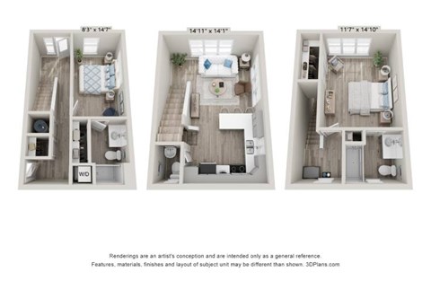 Floor plan for 2 beds, 2.5 baths, 1332 sqft