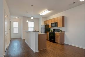 Smyrna apartment for rent - A kitchen with wooden cabinets and a black oven.