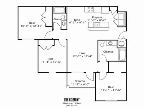Floor plan for 3 beds, 2 baths, 1197 sqft