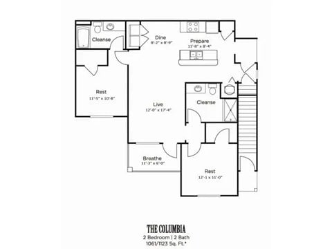 Floor plan for 2 beds, 2 baths, 1123 sqft