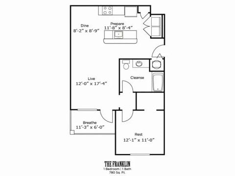 Floor plan for 1 bed, 1 bath, 780 sqft