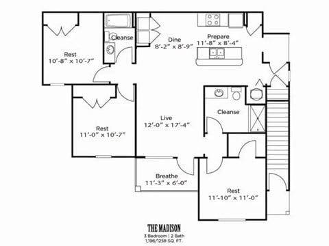 Floor plan for 3 beds, 2 baths, 1258 sqft