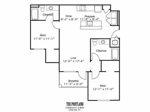 Floor plan for 2 beds, 2 baths, 1010 sqft