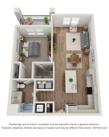 Floor plan for 1 bed, 1 bath, 899 sqft
