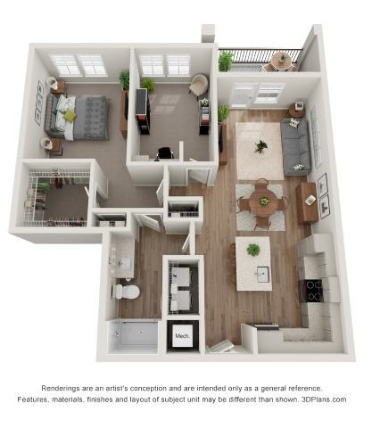 Floor plan for 1 bed, 1 bath, 1001 sqft