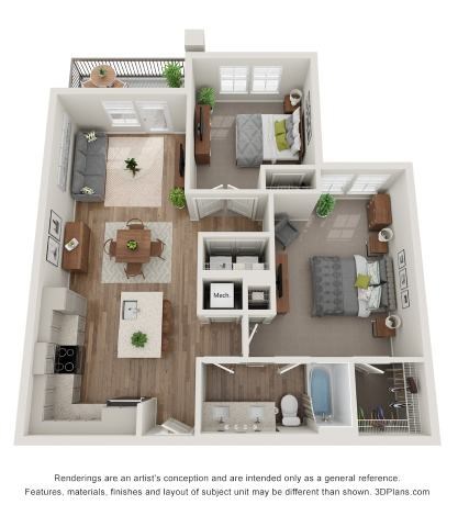 Floor plan for 2 beds, 1 bath, 973 sqft