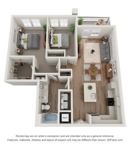 Floor plan for 2 beds, 1 bath, 1001 sqft