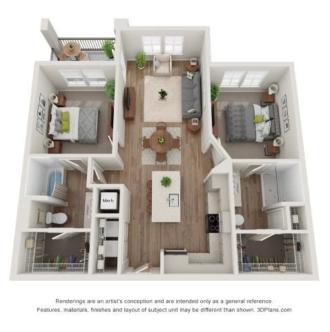 Floor plan for 2 beds, 2 baths, 1026 sqft