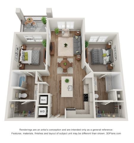 Floor plan for 2 beds, 2 baths, 1026 sqft