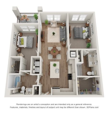 Floor plan for 2 beds, 2 baths, 1136 sqft