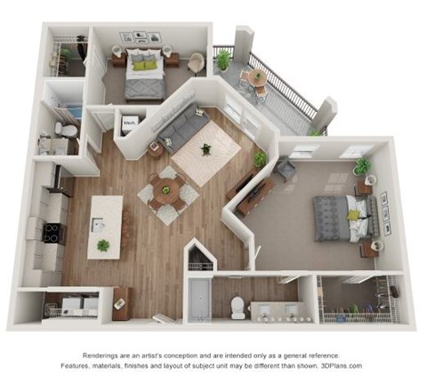 Floor plan for 2 beds, 2 baths, 1289 sqft