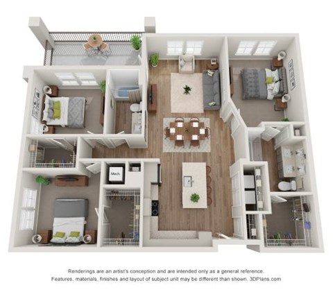 Floor plan for 3 beds, 2 baths, 1397 sqft
