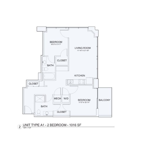 Floor plan for 1 bed, 1 bath, 678 sqft