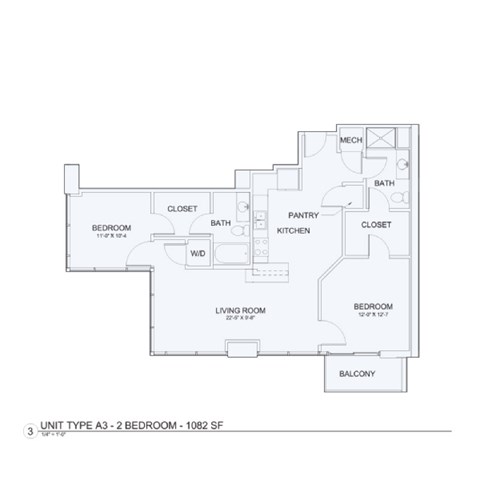 Floor plan for 1 bed, 1 bath, 701 sqft