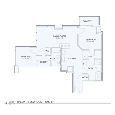 Floor plan for 1 bed, 1 bath, 723 sqft