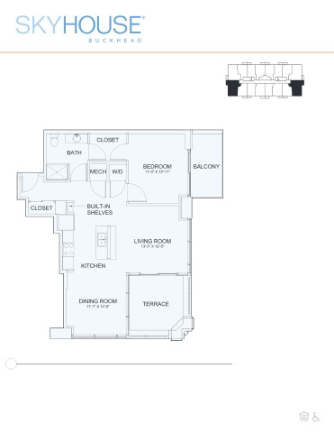 Floor plan for 1 bed, 1 bath, 858 sqft