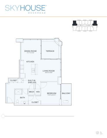 Floor plan for 1 bed, 1 bath, 885 sqft