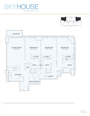 Floor plan for 3 beds, 3 baths, 1403 sqft