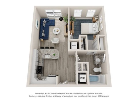 Floor plan for 1 bed, 1 bath, 615 sqft