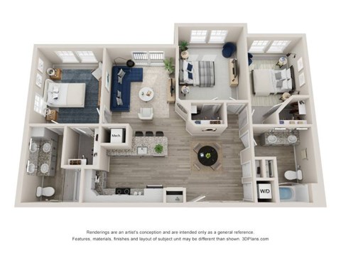 Floor plan for 3 beds, 2 baths, 1264 sqft