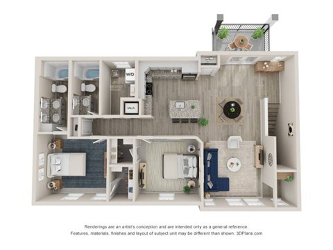 Floor plan for 2 beds, 2 baths, 1264 sqft