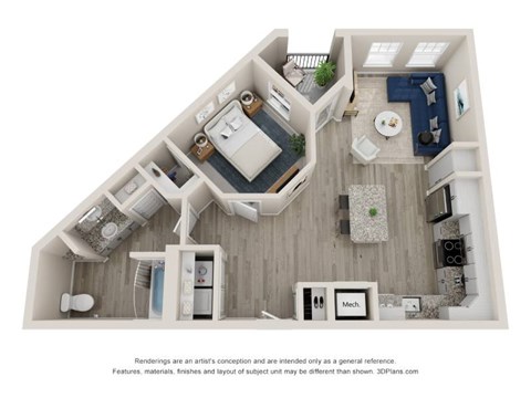 Floor plan for 1 bed, 1 bath, 739 sqft