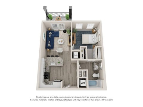 Floor plan for 1 bed, 1 bath, 615 sqft