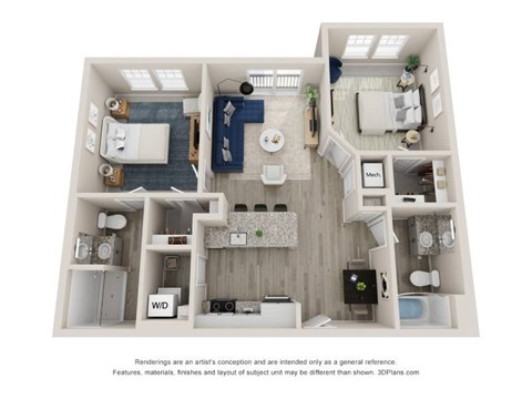 Floor plan for 2 beds, 2 baths, 984 sqft