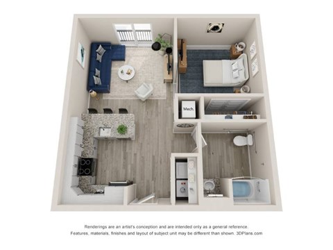 Floor plan for studio, 1 bath, 685 sqft