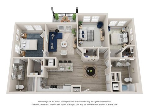 Floor plan for 3 beds, 2 baths, 1264 sqft