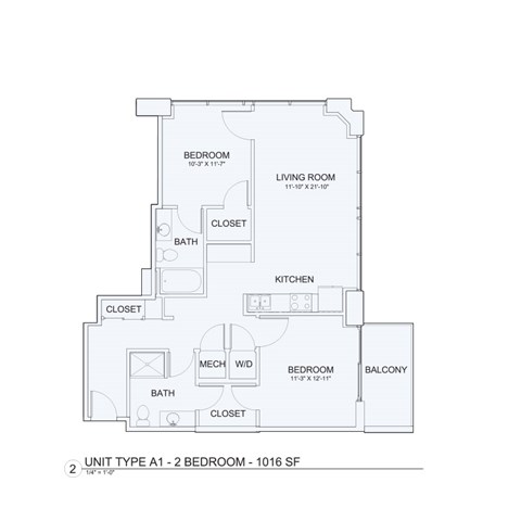 Floor plan for 1 bed, 1 bath, 648 sqft