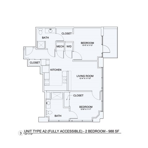 Floor plan for 1 bed, 1 bath, 718 sqft